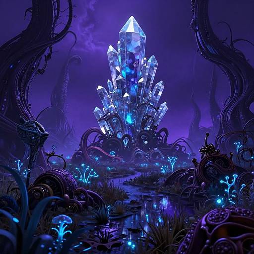 Digital art of a glowing, crystal-topped structure in a dark, purple-hued forest with twisted, tentacle-like plants and bioluminescent
