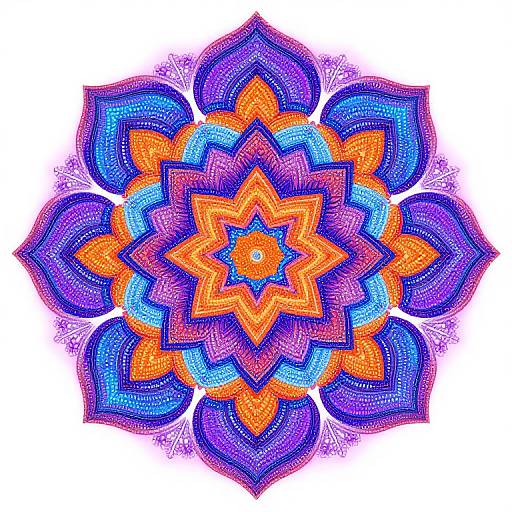 Vibrant digital mandala with intricate, multicolored patterns in purple, blue, orange, and pink, forming a symmetrical, star-like