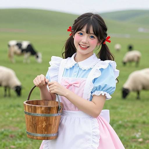 Photograph of a smiling Asian girl with dark pigtails, red ribbons, white blouse, pink dress, holding wooden bucket, in green pasture