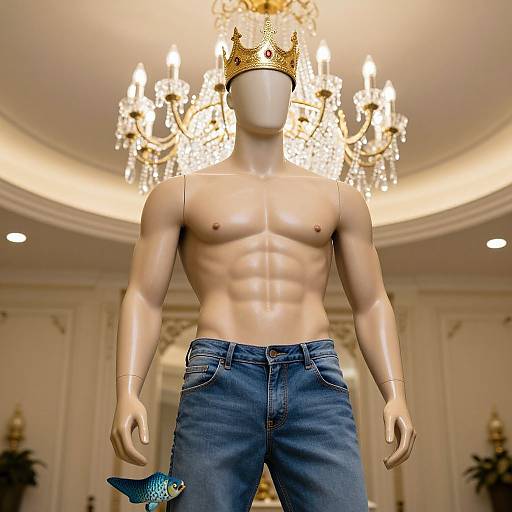 Photograph of a faceless, muscular mannequin wearing blue jeans and a golden crown, standing in front of a grand chandelier in an elegant