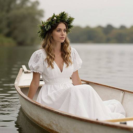 Photograph of a woman with wavy brown hair, wearing a white lace dress and green leaf crown, sitting in a wooden boat on a calm lake