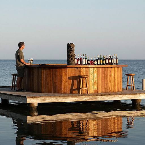 Photograph: Man in gray shirt stands at wooden dock bar, facing bottles on counter, with calm sea and clear sky background.