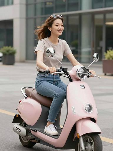 Woman Riding Pink Scooter in Urban Area