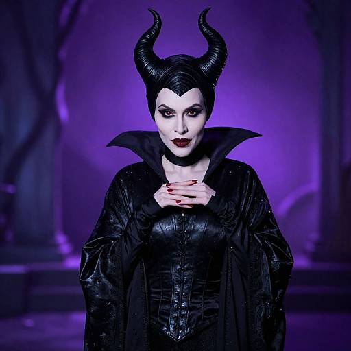 Photograph of a pale-skinned woman with black horned headpiece, dark lipstick, black corset, and cloak, standing in purple-lit