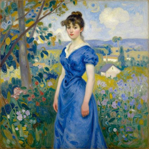 Impressionist painting of a fair-skinned woman in a blue dress, standing in a vibrant, flower-filled garden with a distant house and cloudy sky
