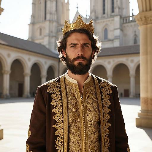 Photograph of a bearded man with dark hair, wearing a gold crown and ornate black and gold robe, standing in a sunlit medieval courtyard