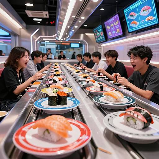 Photograph of a lively Japanese sushi restaurant with laughing Asian customers at a long counter, enjoying various sushi on colorful plates. Neon lights and menus illuminate the