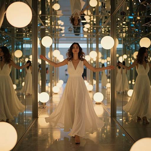 Photograph of a smiling woman with curly hair in a flowing white dress, dancing down a mirrored hallway with glowing spherical lights.