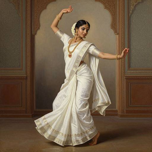 Indian woman in white silk saree and gold jewelry performs traditional dance in ornate room, arms gracefully raised, elegant posture.
