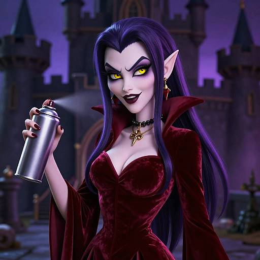Digital art of a vampire woman with long purple hair, yellow eyes, and sharp fangs, wearing a red velvet dress, holding a silver flask,