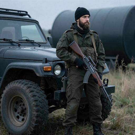 Bearded Soldier Beside Rugged Off-Roader