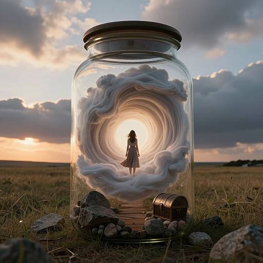 Photograph of a silhouette girl in a dress, standing in a swirling cloud vortex inside a glass jar, set on a grassy field at sunset.