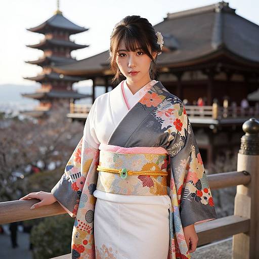 Photograph of an Asian woman in a colorful floral kimono with a white lower half, standing on a wooden railing in front of a traditional Japanese temple
