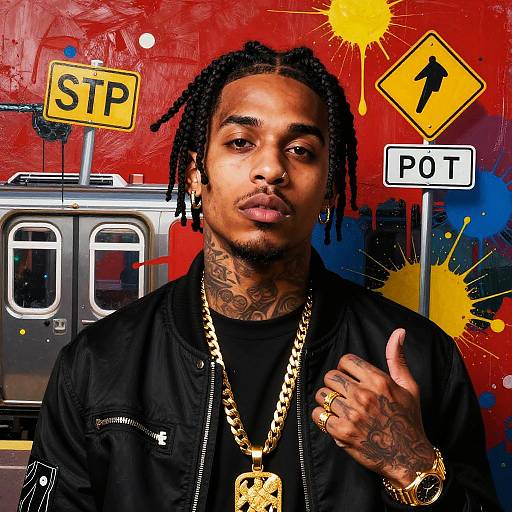 Photograph of a tattooed black man with dreadlocks, gold chain, black jacket, giving a thumbs-up, against a vibrant red background with street