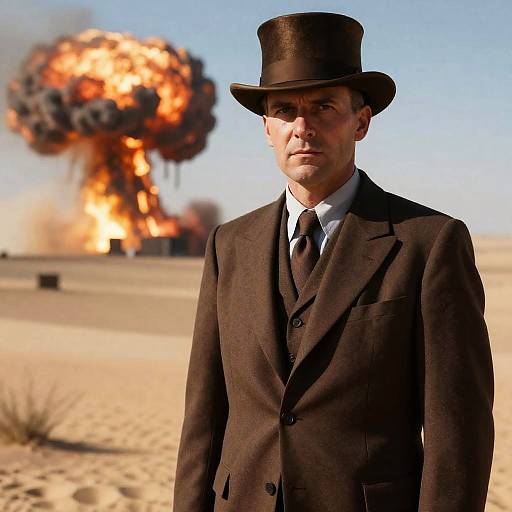 Man in 1940s Suit with Nuclear Explosion in Desert