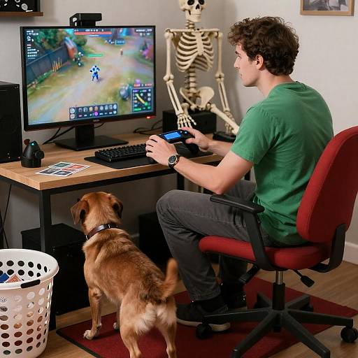 Gamer in Cluttered Room with Dog