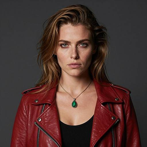 Serious Woman in Red Leather Jacket