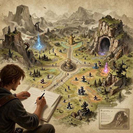 Fantasy map artist drawing, detailed landscape with magical elements, wizards, and characters, viewed from above by a seated, pen-wielding figure.