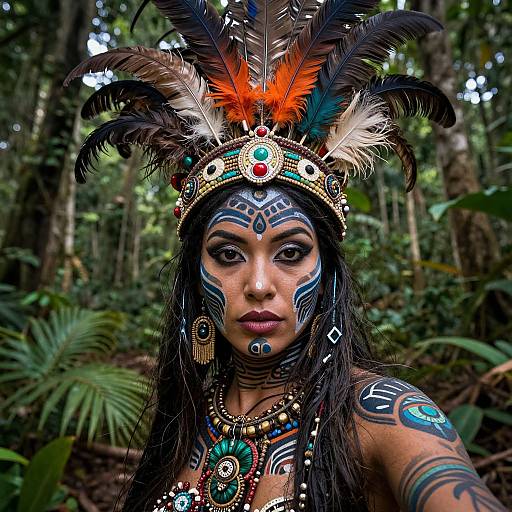 Photograph of a woman with intricate blue and white face paint, wearing a colorful feathered headdress, adorned with jewelry, in a lush forest.