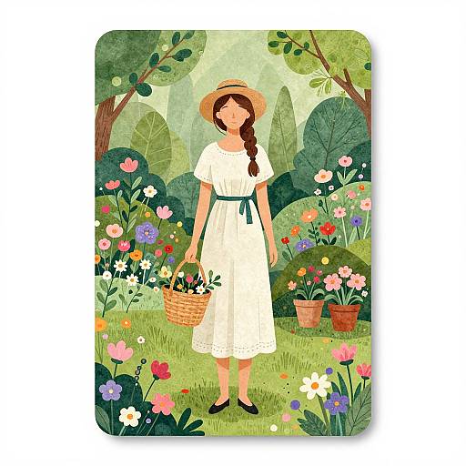 Illustration of a woman in a white dress and straw hat, holding a basket of flowers, standing in a vibrant, colorful garden.