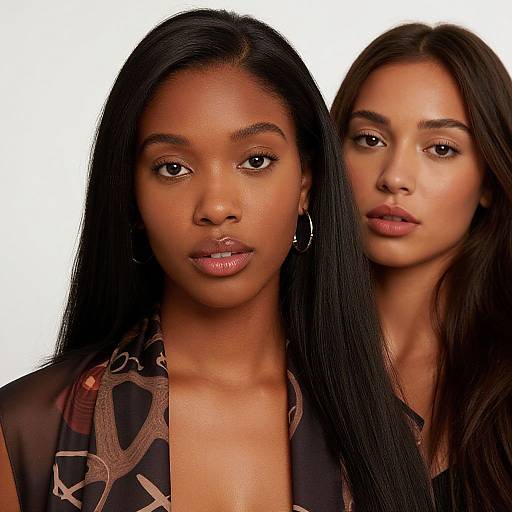 Photograph of two Black women with long black hair, wearing black patterned tops, standing close together against a white background.