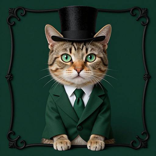 Photorealistic image of a tabby cat with green eyes, wearing a black top hat and dark green suit with tie, against a dark green orn
