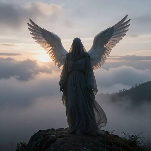 Photograph of a silhouetted angel with large wings, standing on a rocky peak, backlit by a glowing sunrise over a misty,