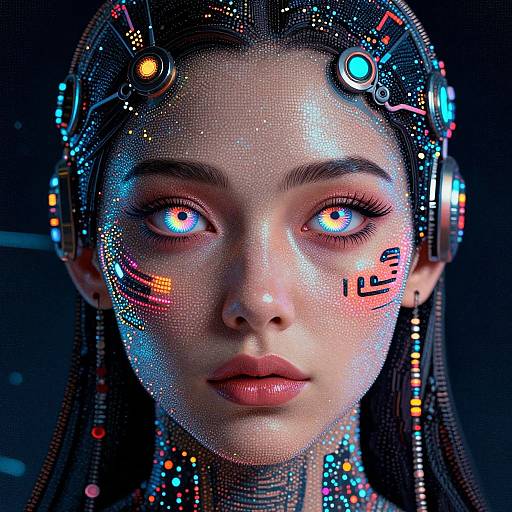 CGI digital portrait of a futuristic, cybernetic woman with glowing blue and orange eyes, neon circuitry on her face and head, and dark