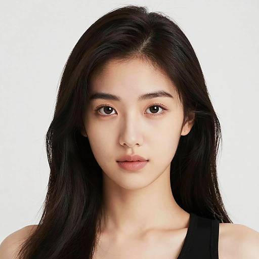 Photograph of an Asian woman with long black hair, fair skin, brown eyes, and a neutral expression, wearing a black tank top, against a
