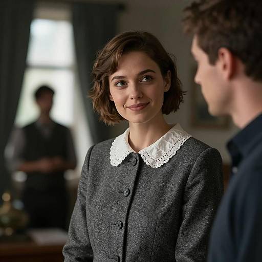 Woman in Gray Blazer with Lace Collar Smiling