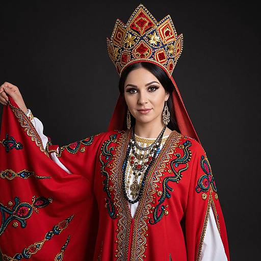 Photograph of an Indian woman in ornate red royal attire with gold and black embroidery, wearing a large, detailed crown, against a black background.