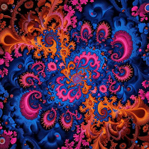 Vibrant digital artwork featuring intricate, swirling patterns in neon orange, pink, and blue against a dark blue background, creating a mesmerizing, psychedelic