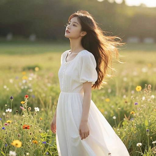 Photograph of an Asian woman with long brown hair in a white dress, standing in a sunlit field of colorful wildflowers.