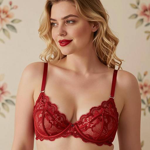 Woman in Red Lace Bra with Floral Background