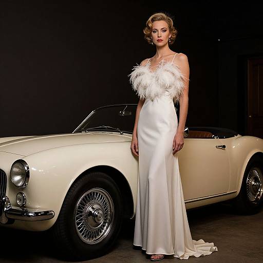 Photograph of a blonde woman in a white satin wedding dress with feathered bodice, standing beside a cream classic convertible car.