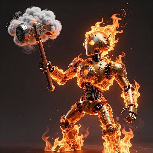 Digital illustration of a robotic warrior engulfed in flames, holding a smoking hammer, with glowing orange eyes against a dark background.