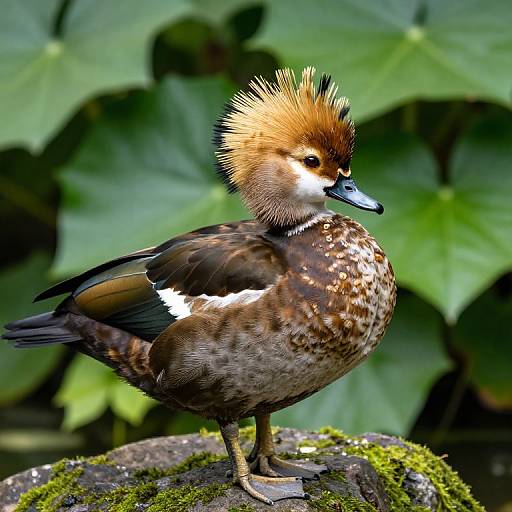 Photograph of a Bufflehead duck with a distinctive spiky brown and white crest, standing on a mossy rock, against a blurred green leaf