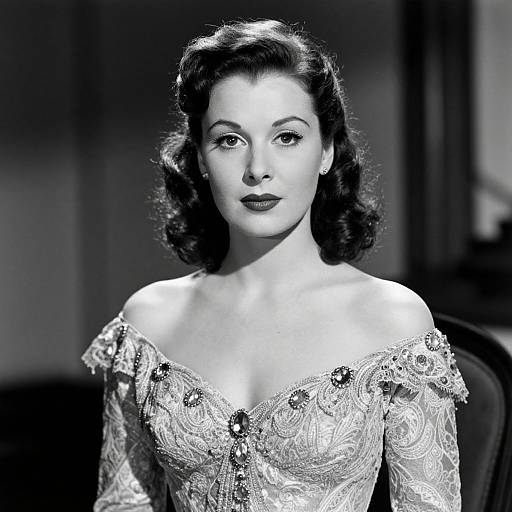 Black-and-white photograph of a 1940s-style woman with dark, wavy hair, wearing an off-the-shoulder, intricately embroidered