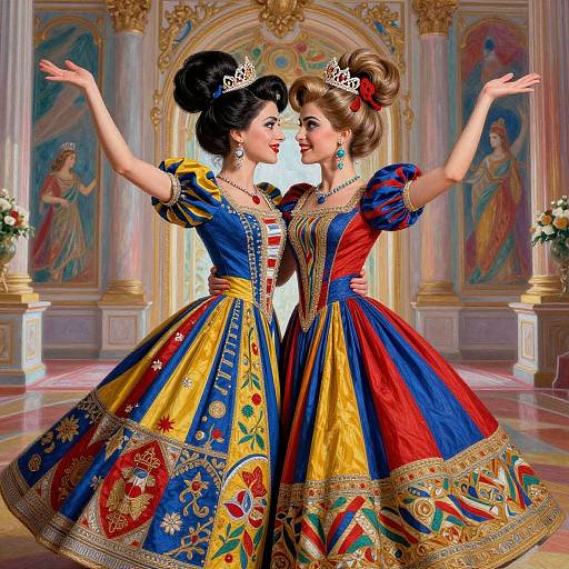 Two elegant women in colorful, ornate Renaissance-style dresses with intricate embroidery, tiaras, and updos, dance gracefully in an opulent, decorated