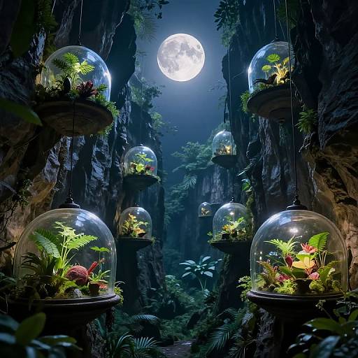 Photograph of a mystical moonlit cave with six glowing glass domes, each housing vibrant, illuminated green and red plants, hanging from rocky walls.