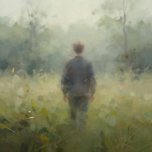 Digital painting of a blurred, back-view figure in a misty, green forest, wearing a dark jacket, standing amidst tall grass.