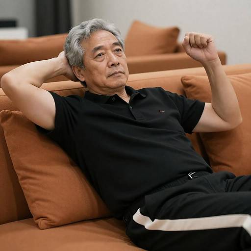 Middle-aged Man Relaxing on Orange Couch