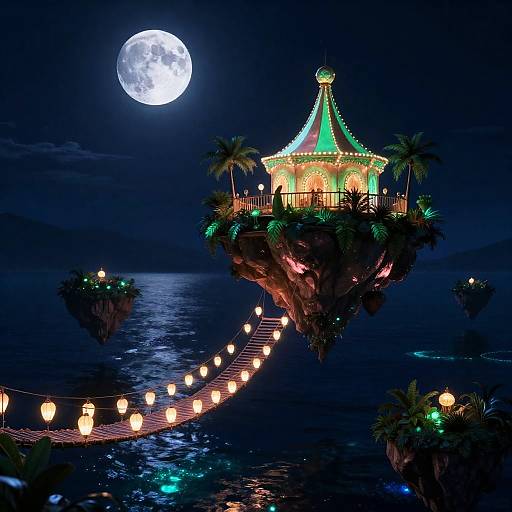 Luminous, moonlit floating pavilion with neon lights, palm trees, and a glowing lantern bridge over a dark, serene ocean. Photoreal