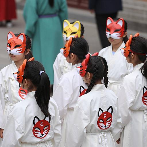 Mystical Girls in Fox Masks and Robes