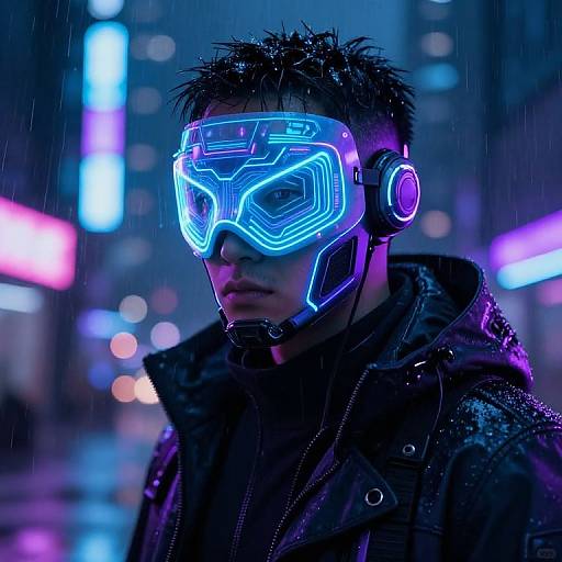Neon-lit cyberpunk street scene: young man with spiked hair wears glowing blue visor and headphones, dark jacket, rain falling, vibrant city