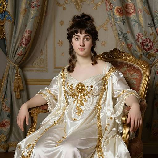 Photograph of a young woman with dark hair in an 18th-century-style white and gold dress, seated on an ornate chair, against a