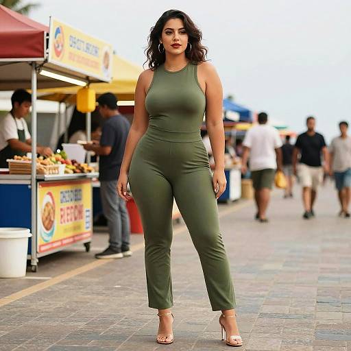 Curvy Woman in Olive Green Jumpsuit