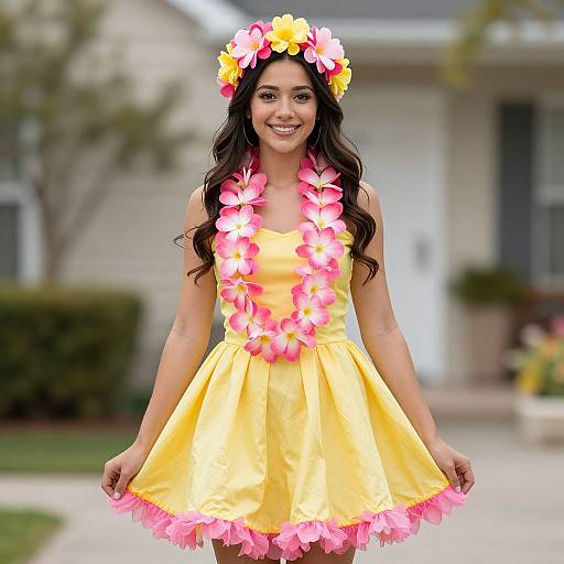 Photograph of a smiling woman with long dark hair, wearing a yellow floral dress, pink flower lei, and matching flower crown, standing in front of