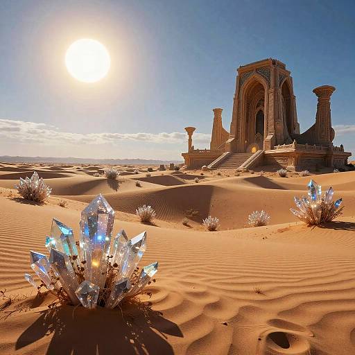 Photograph of a sunlit desert with glowing, crystal-like plants in the sand, and a grand, ancient stone structure with tall columns in the background