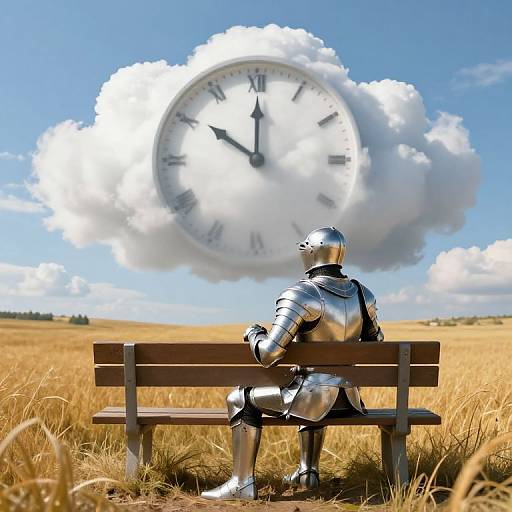 Photograph of a knight in shiny silver armor sitting on a wooden bench in a golden wheat field, with a large clock face floating in a white cloud